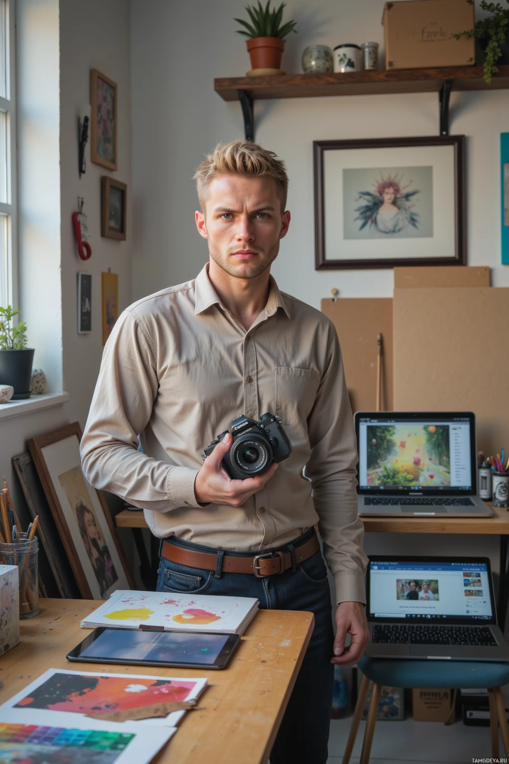 A person stands in a workspace holding a camera, with a laptop and art supplies visible in the background.