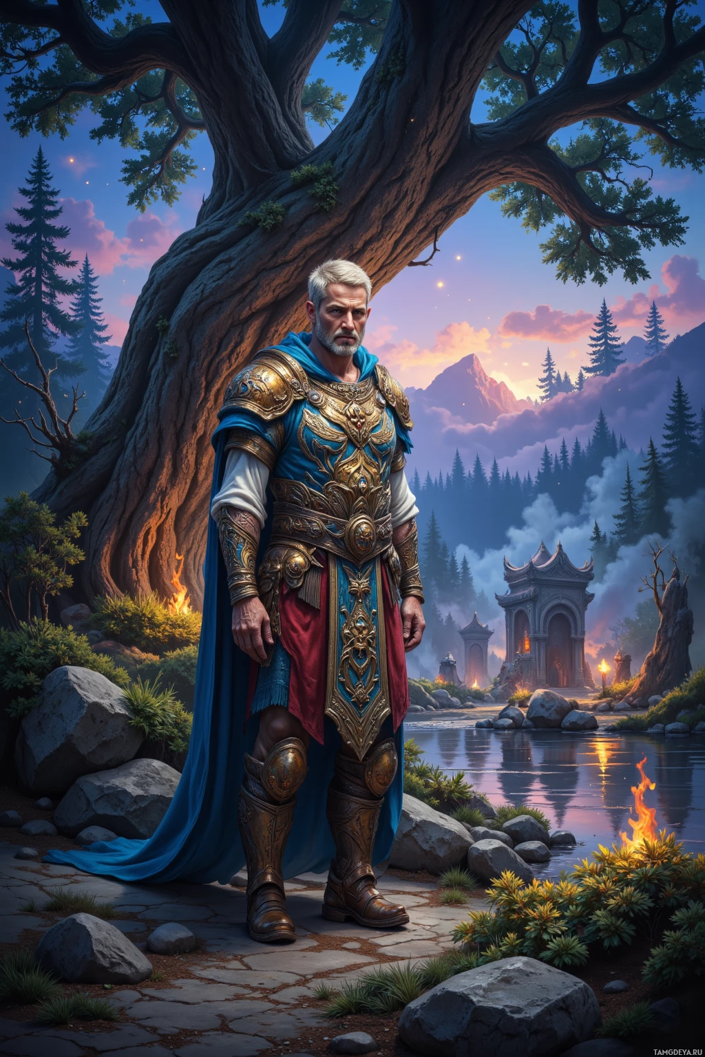 A knight in ornate armor stands beside a large tree, with a serene forest and a distant temple in the background.
