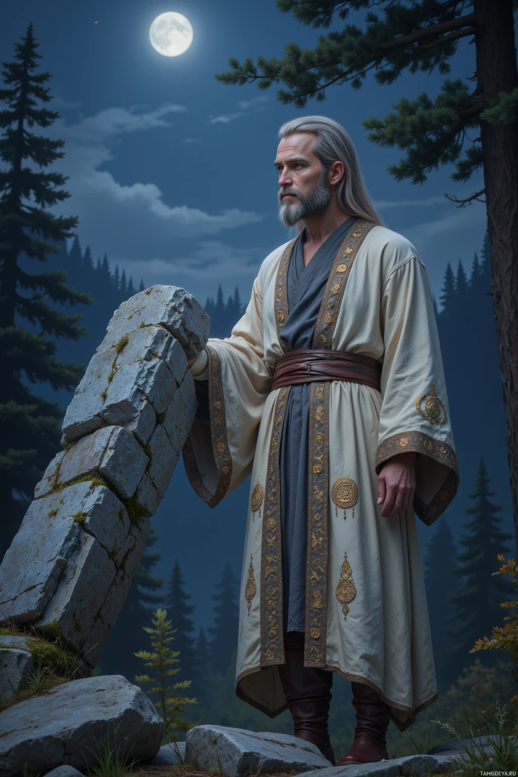 A man in traditional attire stands in a forest under a full moon.