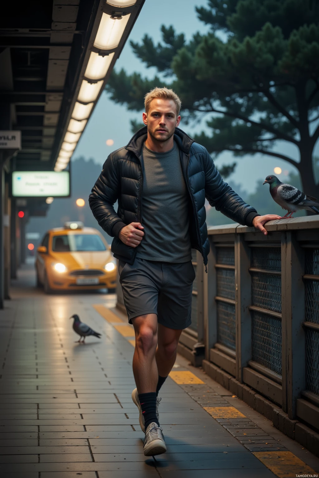 A man in a puffer jacket and shorts runs on a sidewalk near a taxi and a pigeon.