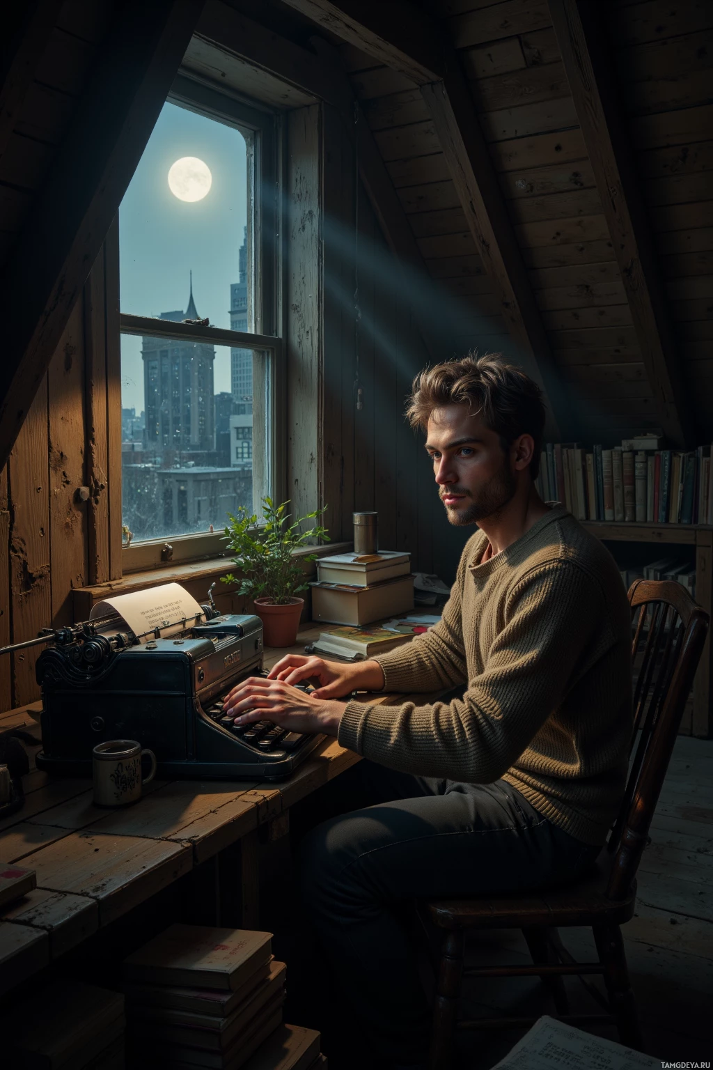 A man sits at a desk in a cozy attic room, typing on a vintage typewriter with a cityscape and full moon visible through the window.