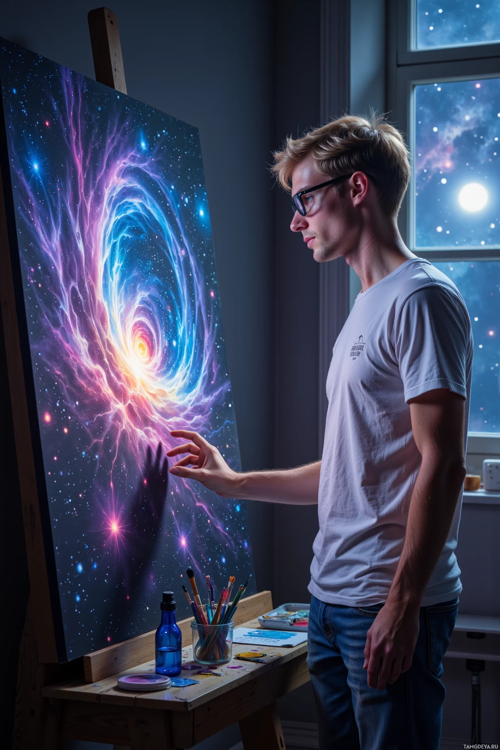 A person stands beside an easel, gazing at a vibrant cosmic painting.