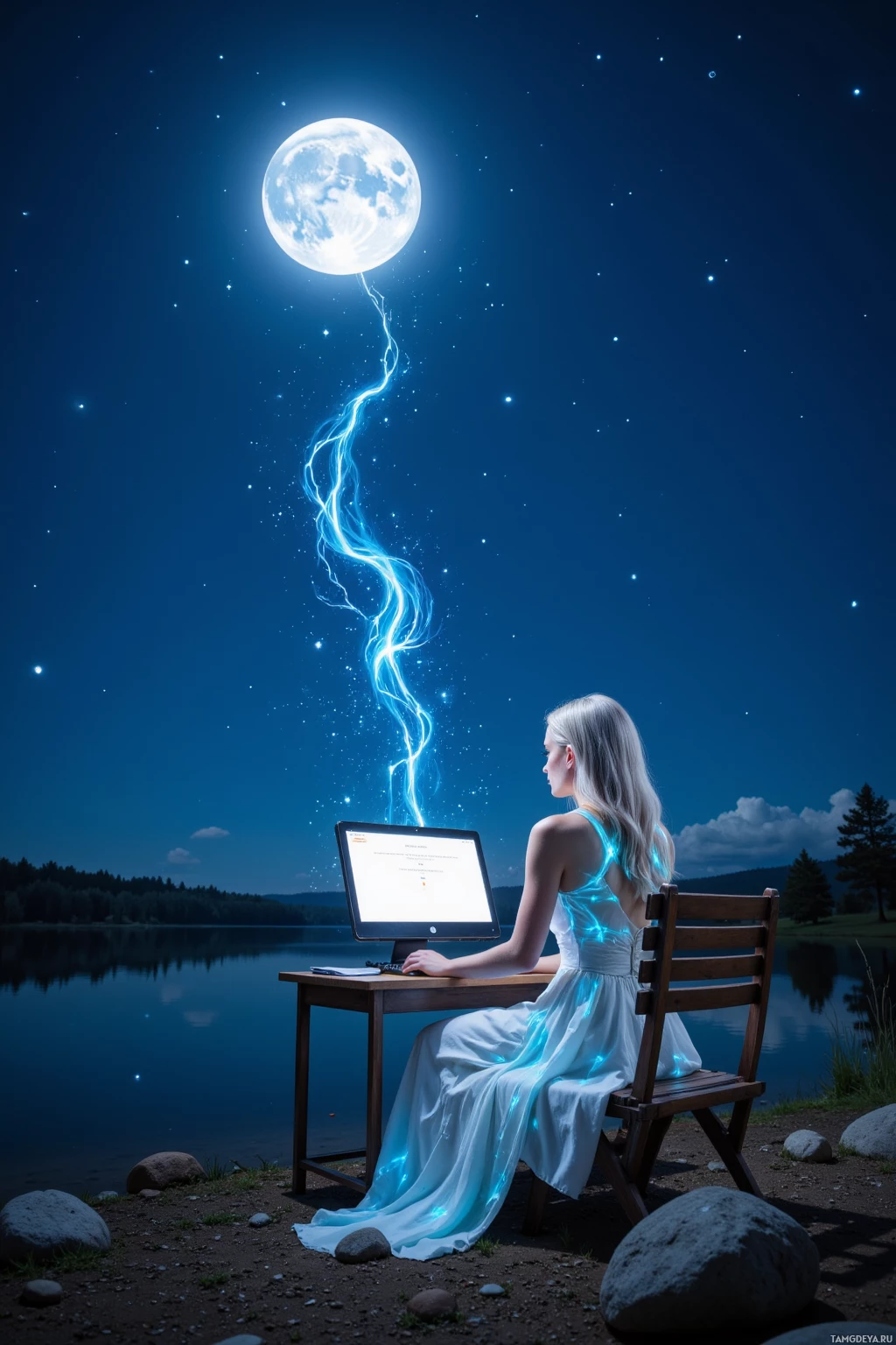 A woman in a flowing dress sits at a desk by a lake, gazing at a glowing computer screen with a bright, electric connection leading to a full moon in the night sky.
