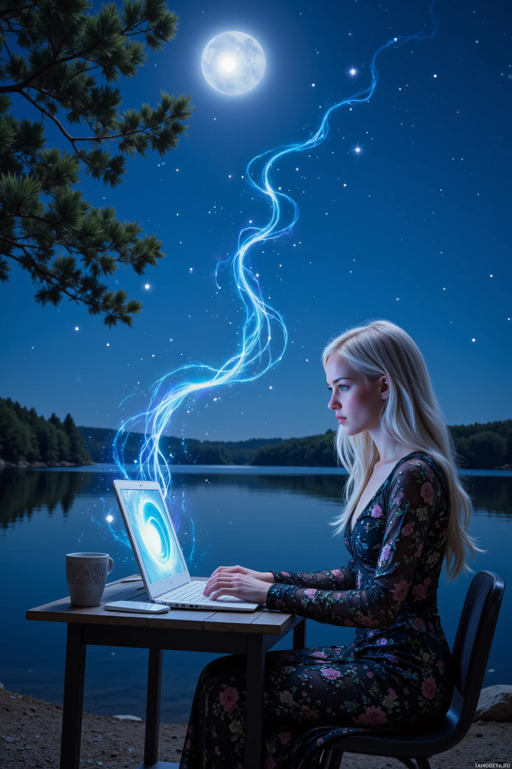 A woman sits by a lakeside under a night sky, using a laptop with glowing energy lines.