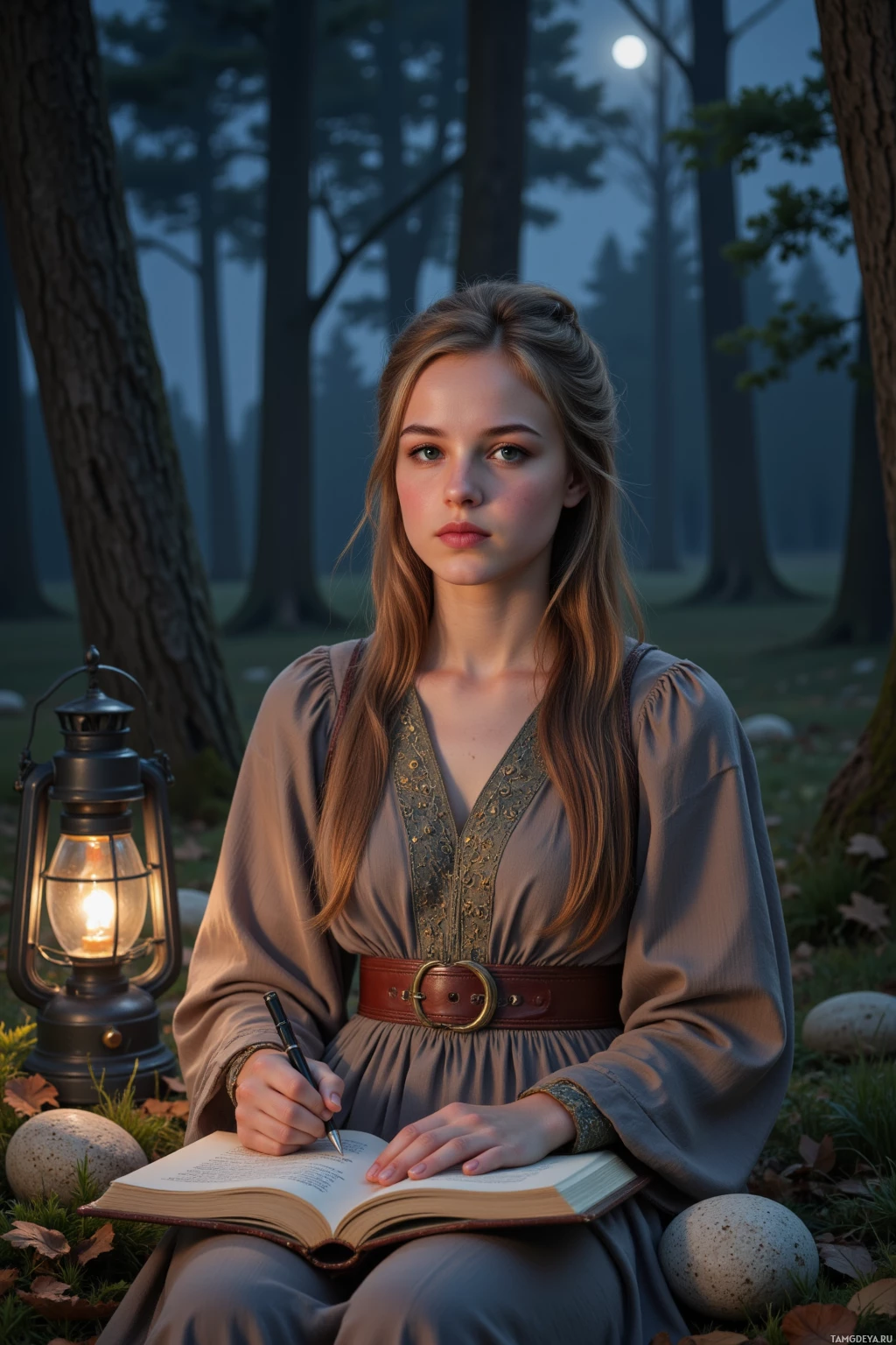 A woman in a medieval-style dress sits in a forest, writing in a book with a lantern beside her.