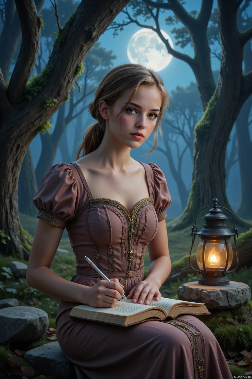 A woman in a forest setting writes in a book under the light of a lantern.
