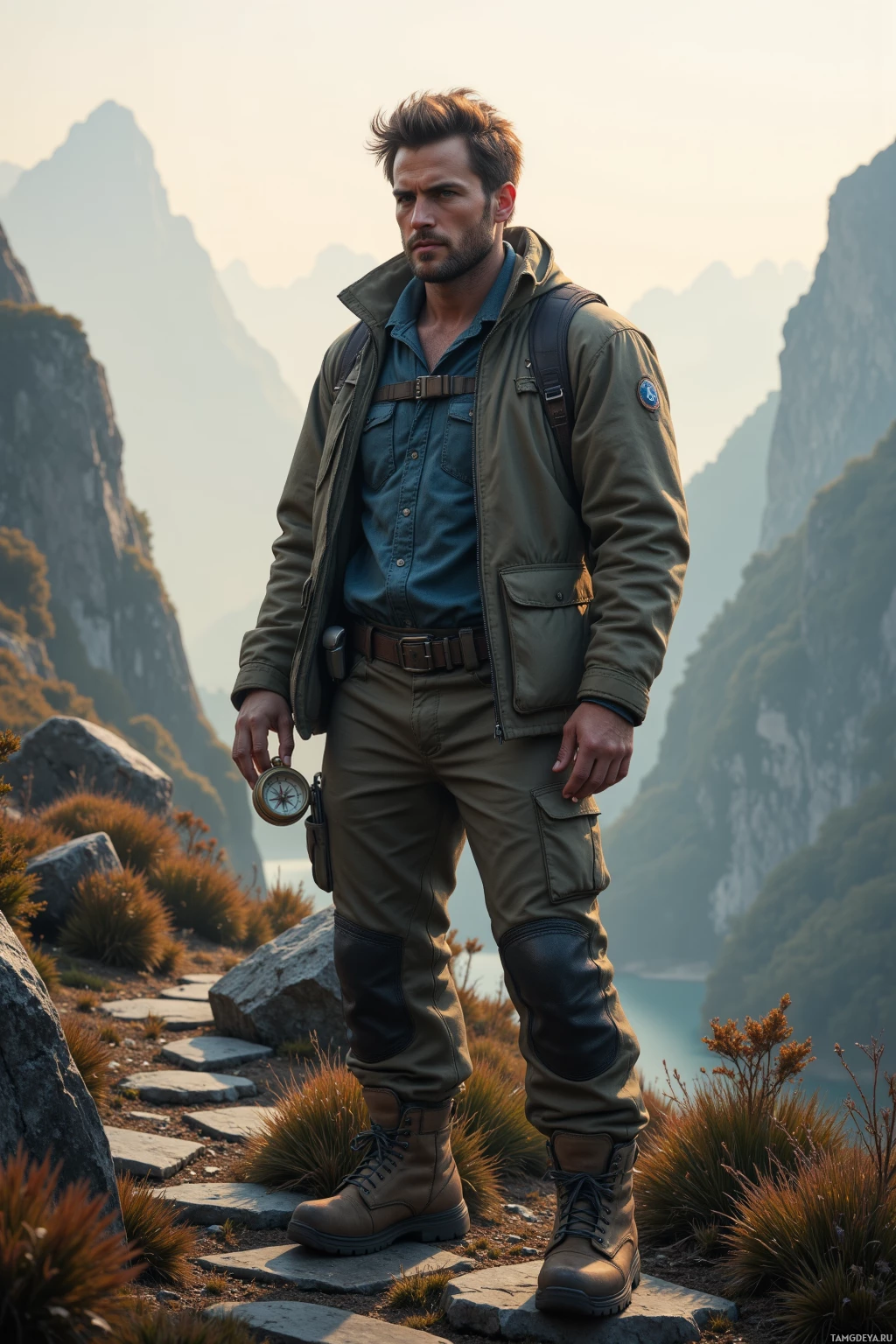 A man in outdoor gear stands on a rocky path, holding a compass, with a mountainous landscape in the background.