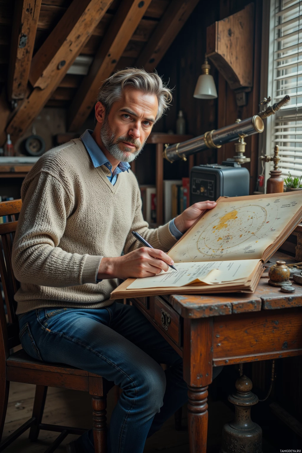 A man sits at a wooden desk, writing in a book with a pen, surrounded by vintage items and a telescope.