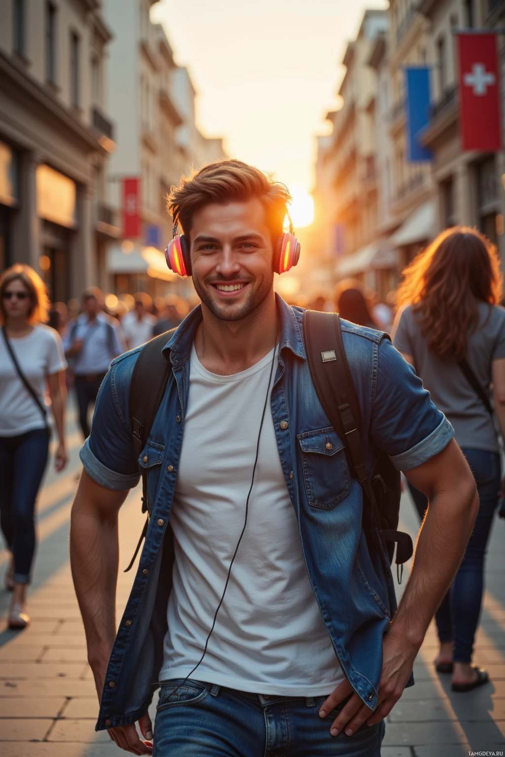 A man wearing headphones and a backpack smiles on a busy street at sunset.