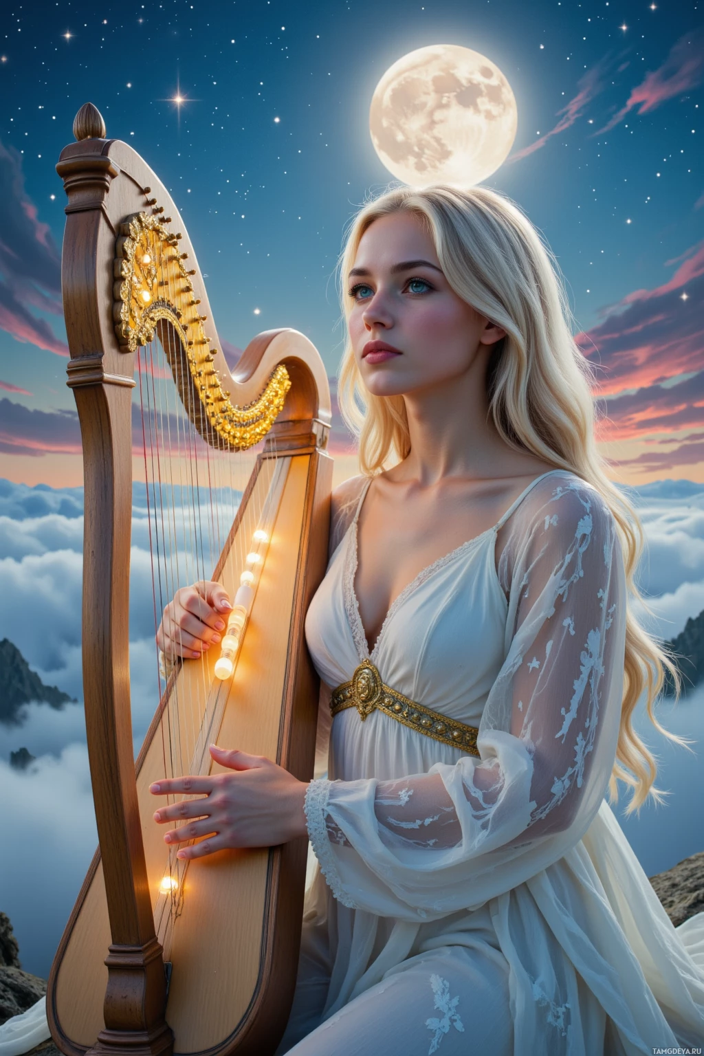 A woman in a white gown holds a glowing harp under a starry night sky with a full moon.
