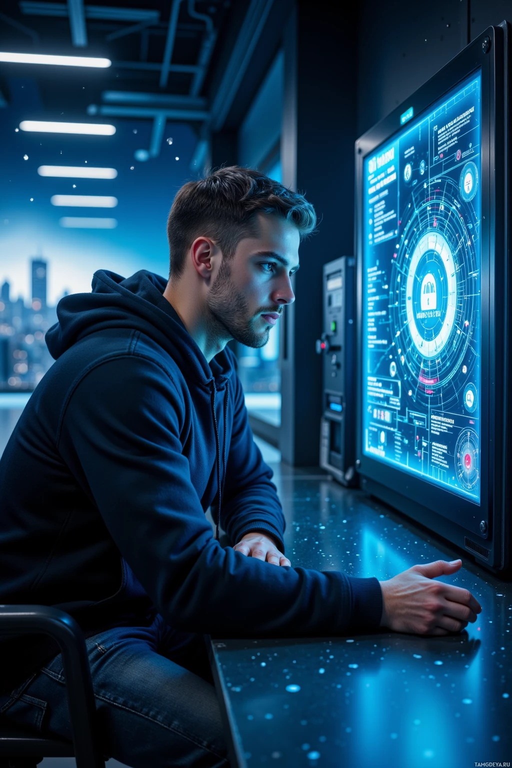A man in a hoodie sits in front of a futuristic computer screen displaying a complex interface.