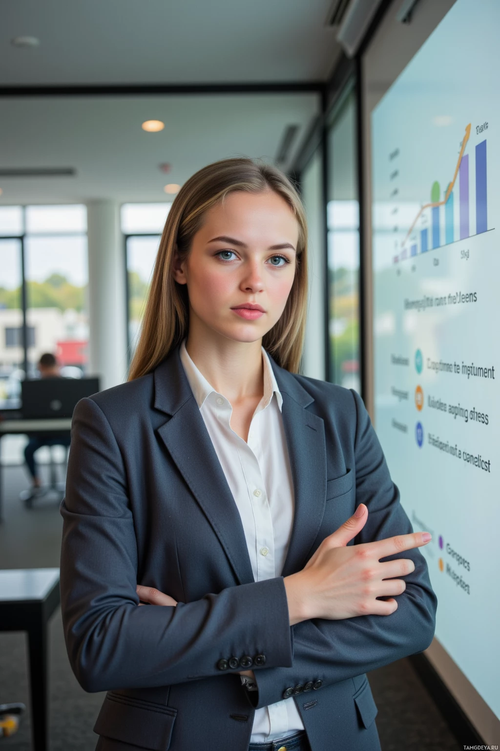 A professional woman in a suit stands in an office with her arms crossed, looking directly at the camera.