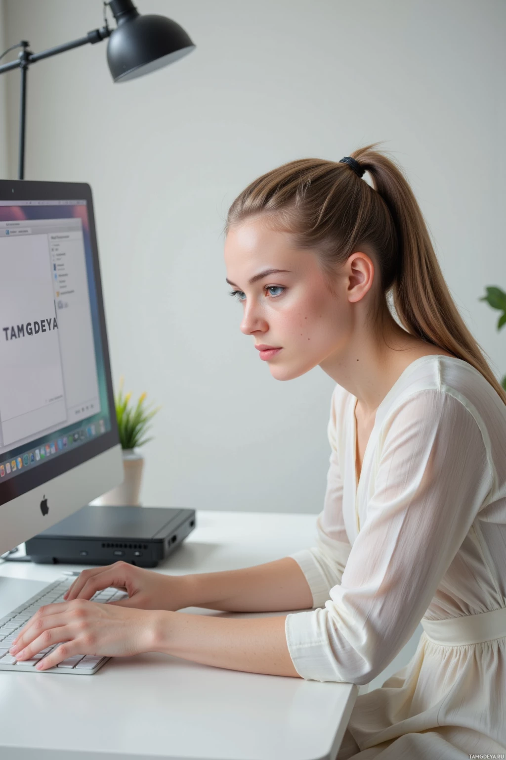 A woman is sitting at a desk, working on a computer.