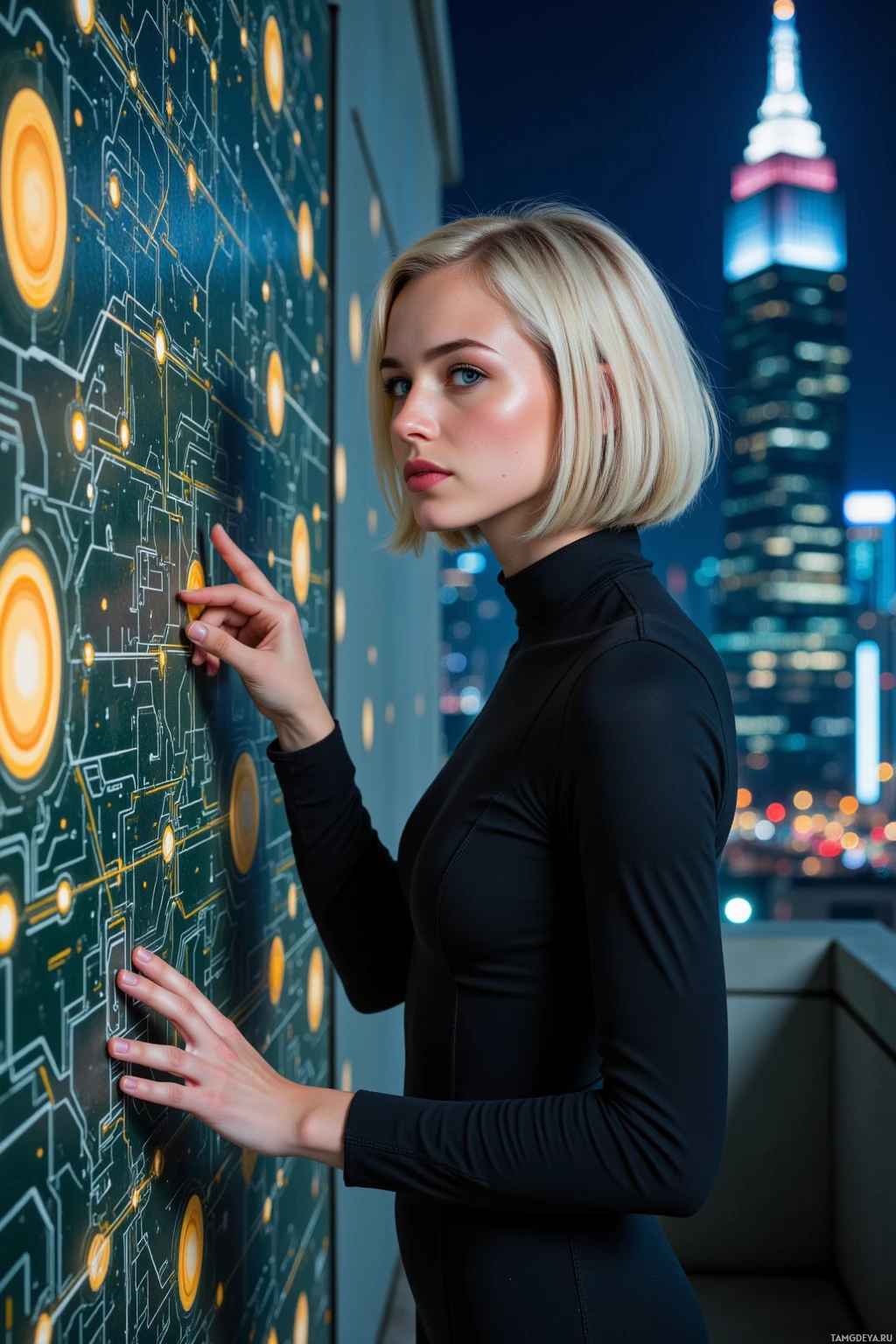 A person in a black outfit interacts with a futuristic, illuminated panel.