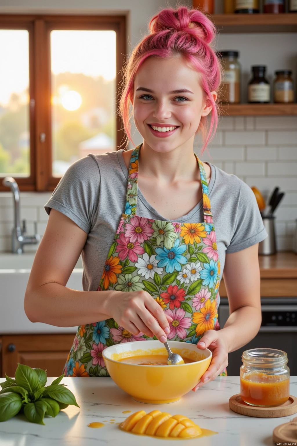 A person wearing a floral apron prepares food in a kitchen.