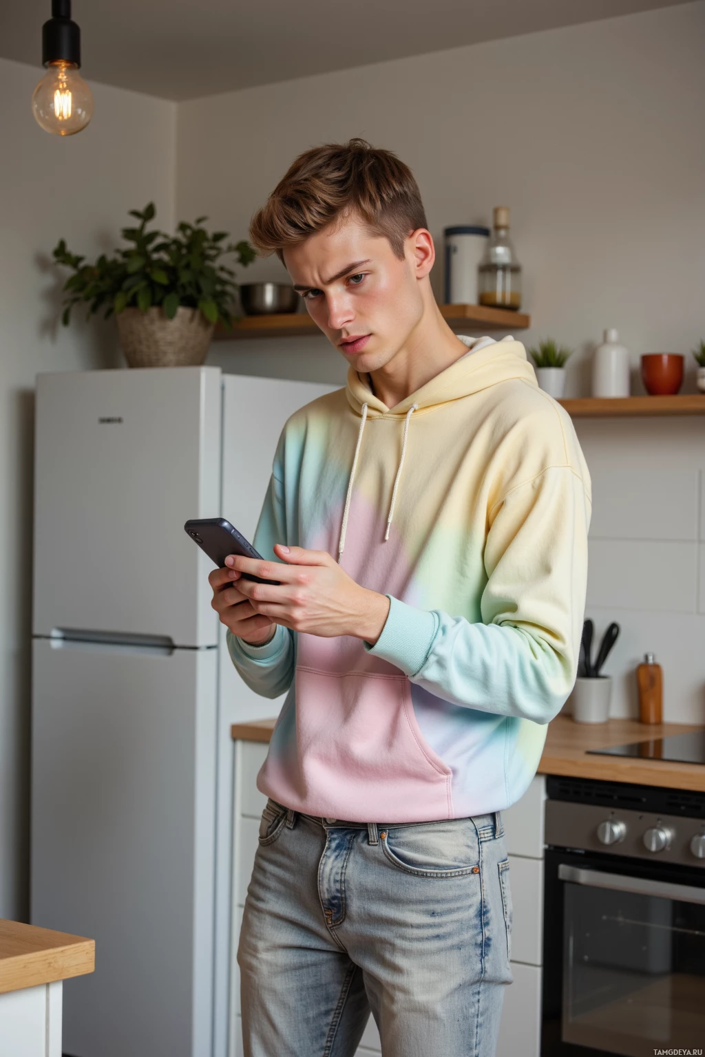 A young man in a pastel hoodie stands in a kitchen, looking at his phone.