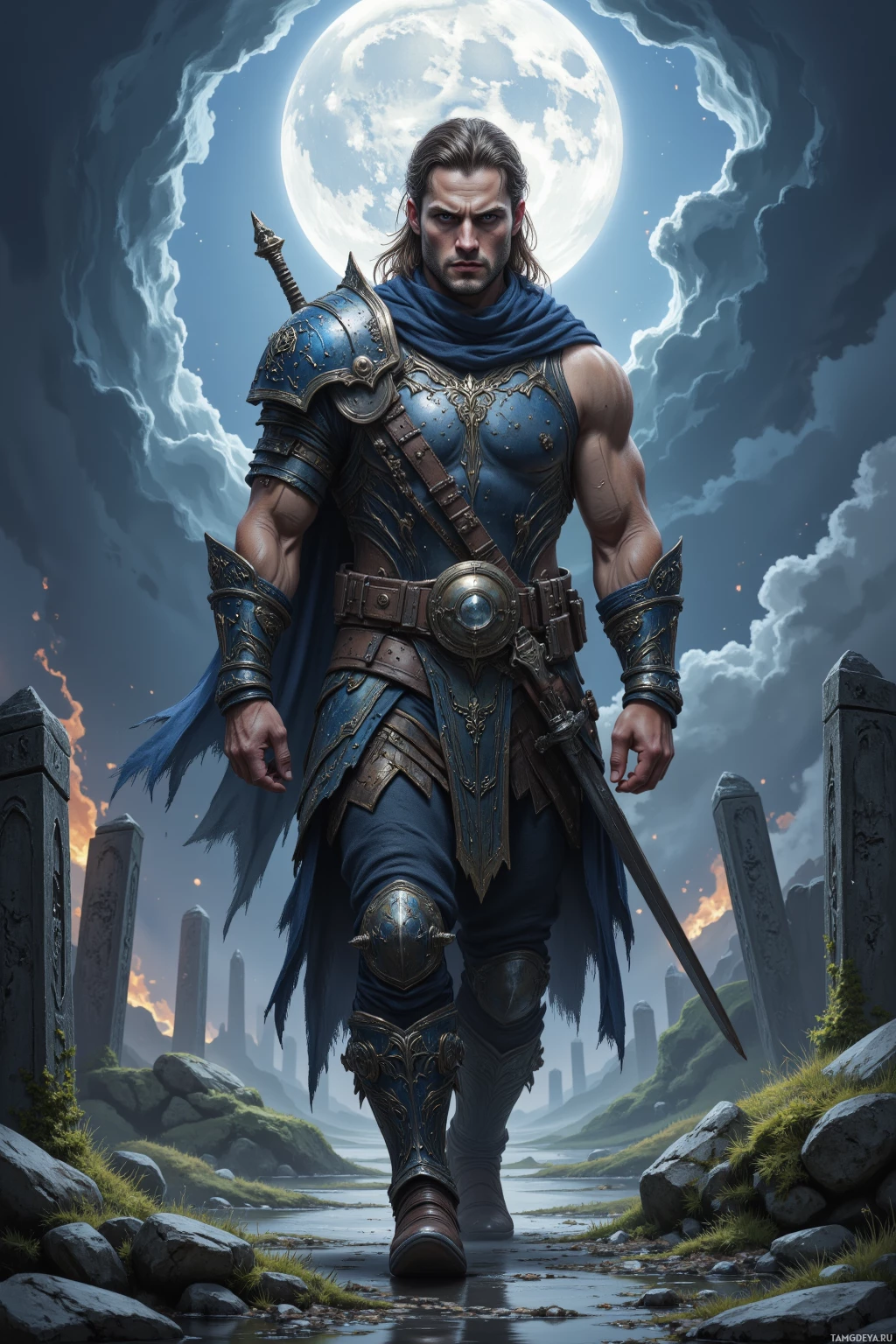 A warrior in ornate blue armor stands in a moonlit landscape with a river and ancient stone structures.