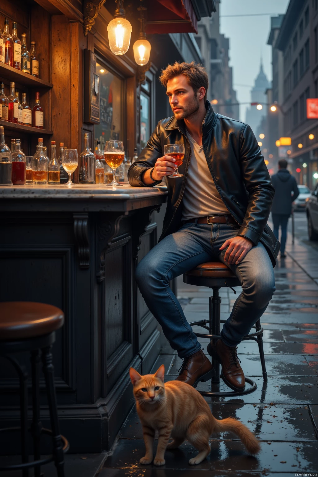 A man in a leather jacket sits at a bar counter, holding a drink, with a cat on the floor nearby.