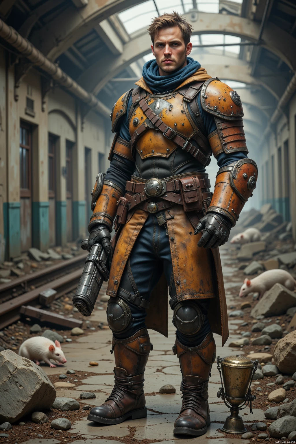 A person in detailed, rugged armor stands in a dilapidated hallway with a white rat nearby.