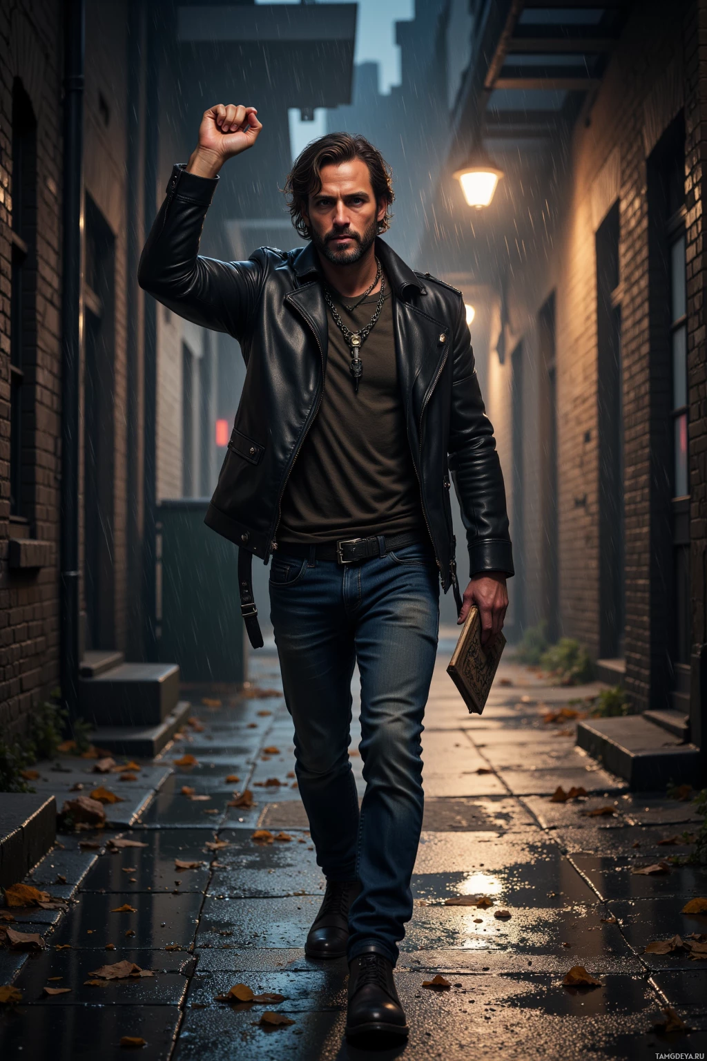 A man in a leather jacket walks down a rainy alleyway.