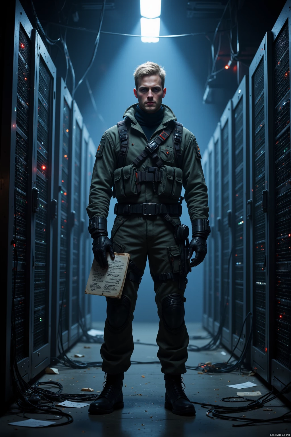 A person in tactical gear stands in a dimly lit server room.