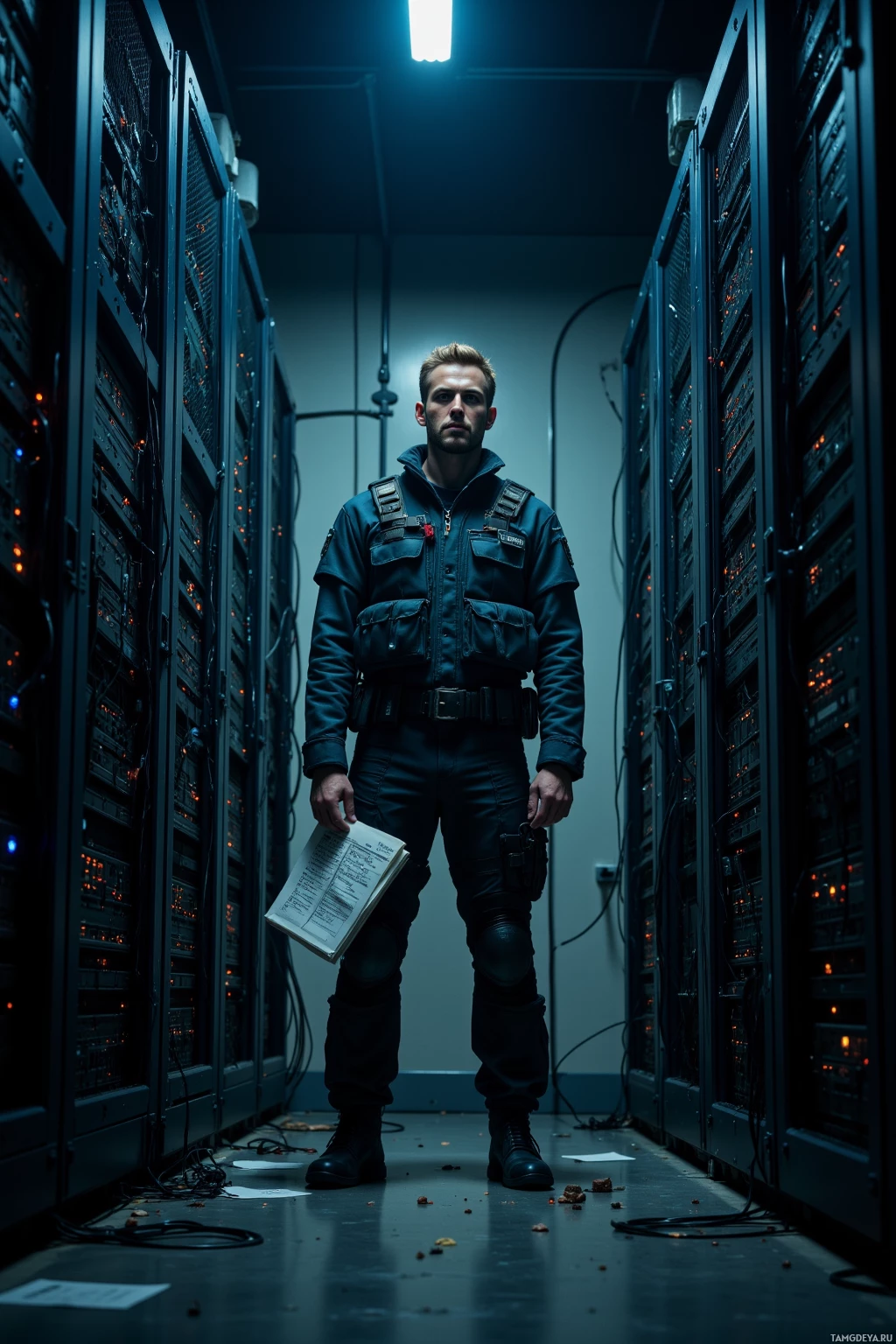 A person in a uniform stands in a dimly lit server room.