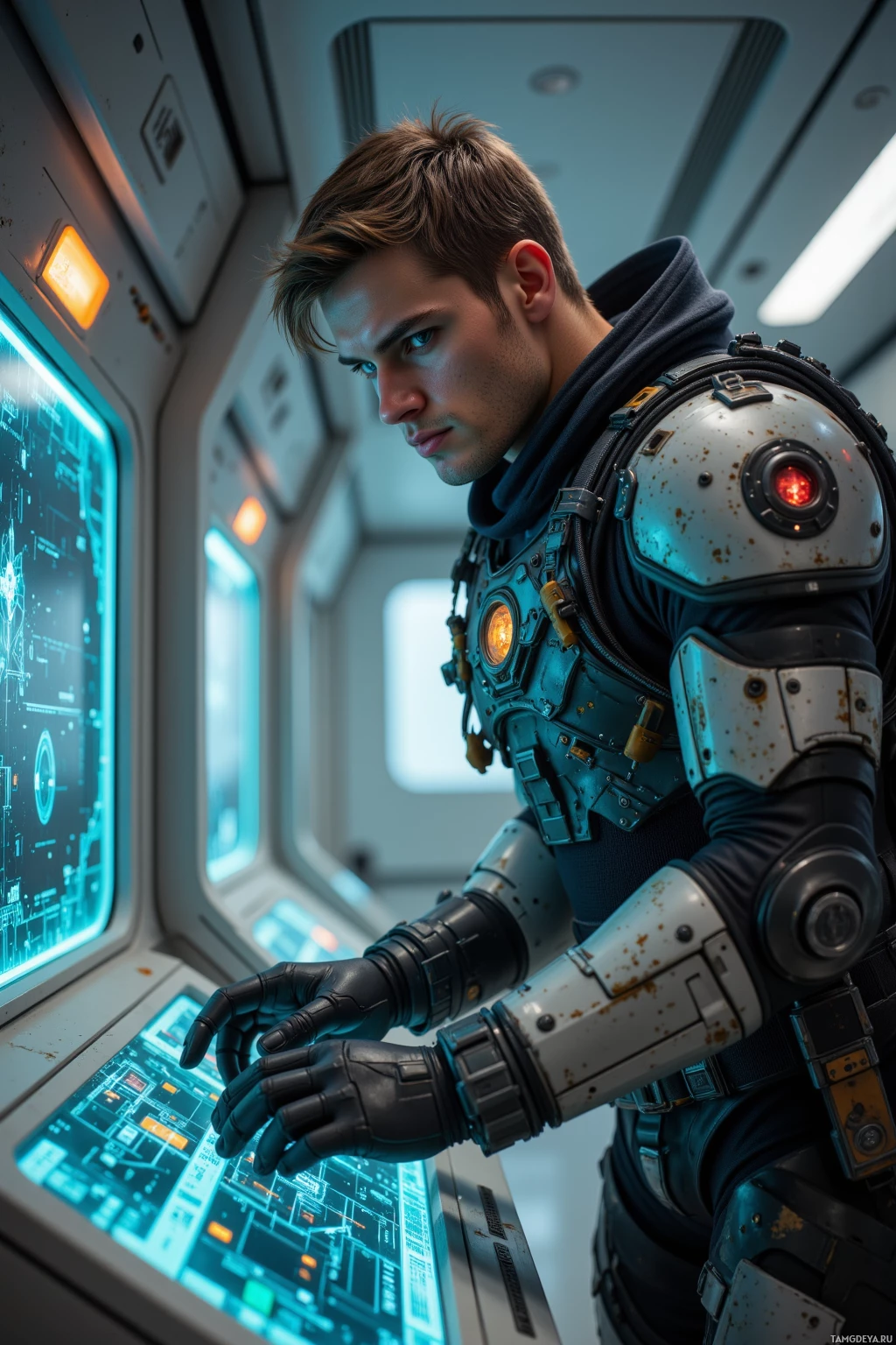 A person in futuristic armor interacts with a high-tech control panel in a spacecraft.
