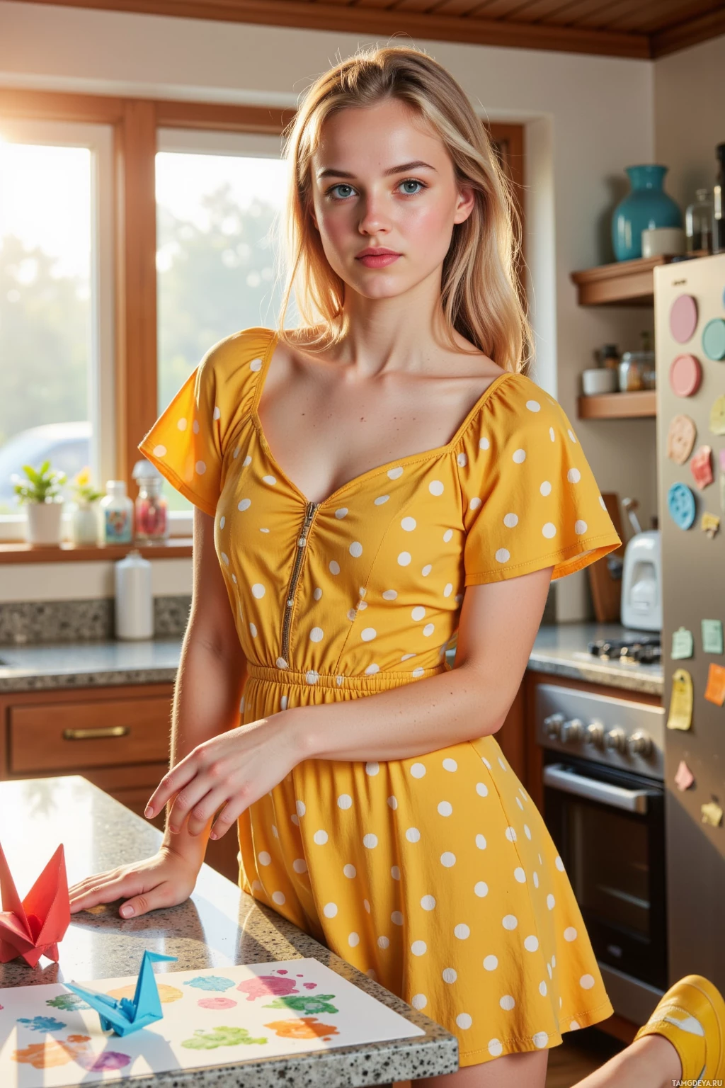A woman in a yellow polka-dot dress stands in a kitchen.