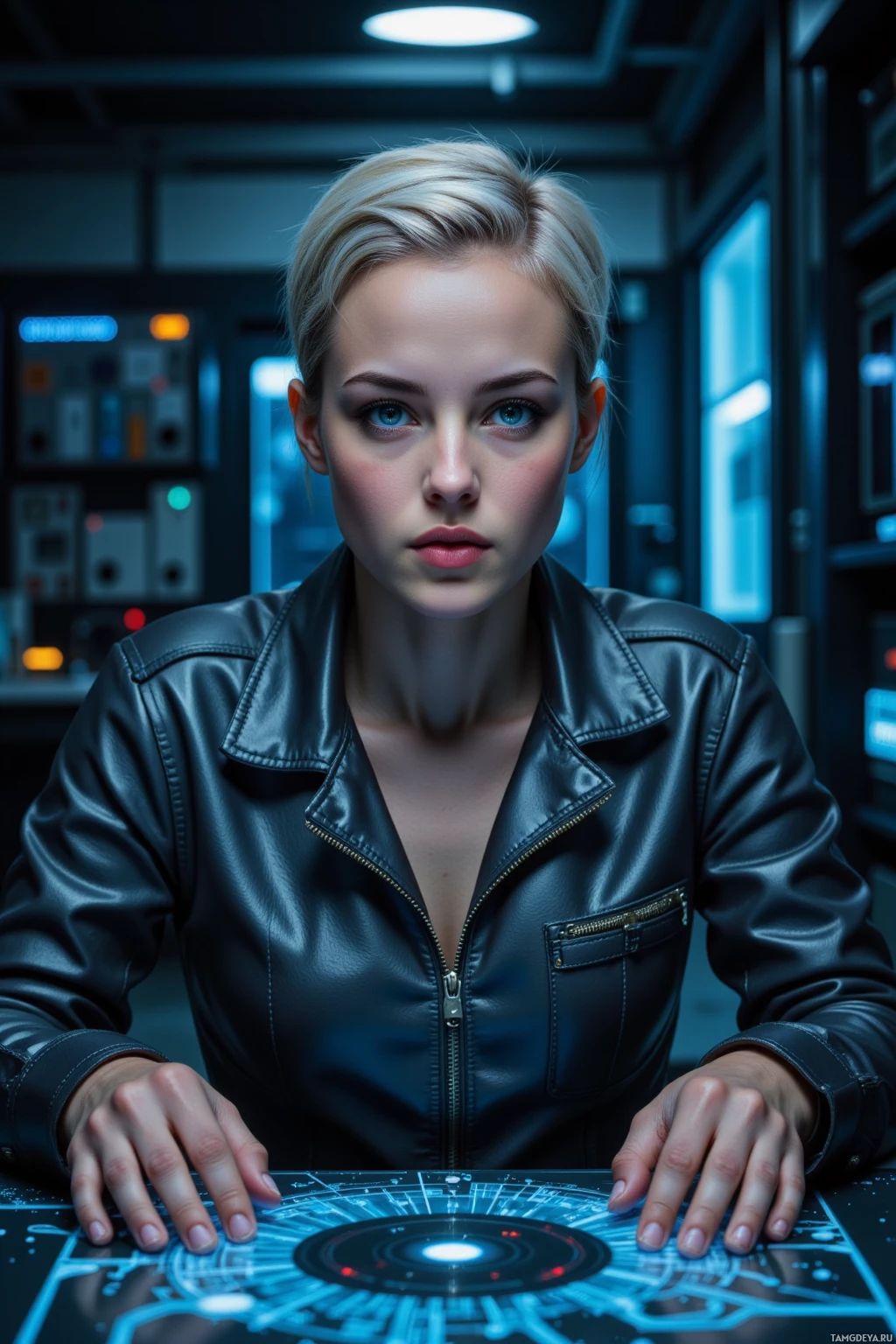 A person in a leather jacket stands in a futuristic setting, hands on a glowing control panel.