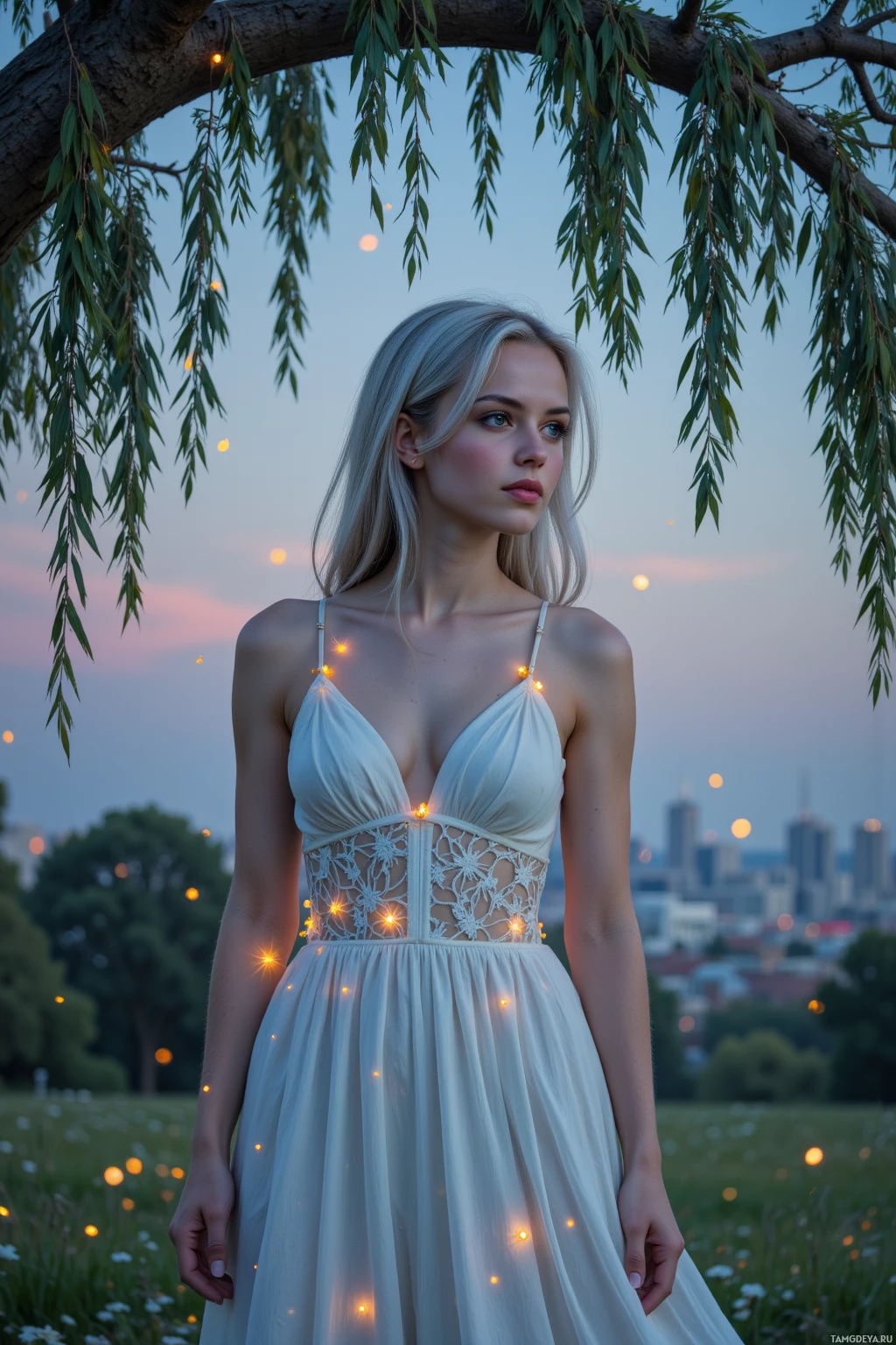 A woman in a white dress stands under a tree with hanging lights, with a cityscape in the background.
