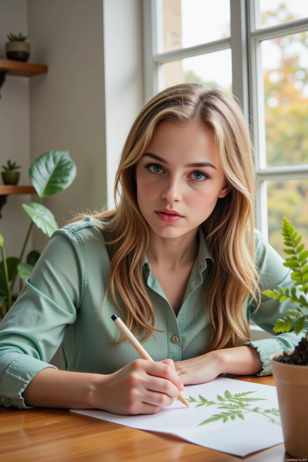 A person with long hair wearing a green shirt is drawing a plant on a piece of paper.
