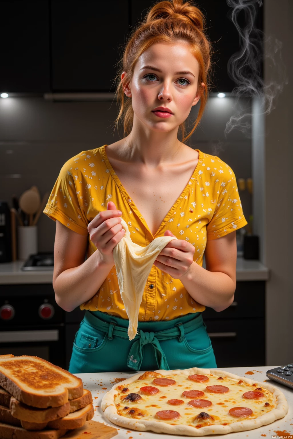 A woman in a yellow top and green apron holds dough in a kitchen setting with a pizza and toast on the counter.