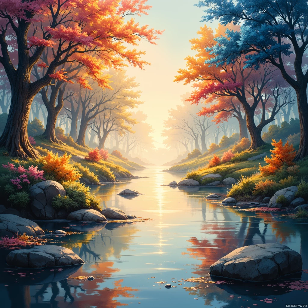 A serene autumn landscape with a calm river reflecting colorful trees and soft sunlight.