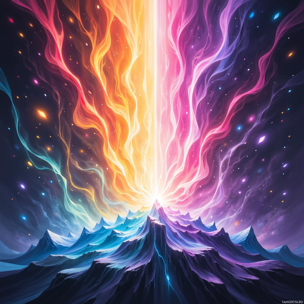 A vibrant, cosmic scene featuring a mountain peak with colorful, flowing energy streams and stars in the background.