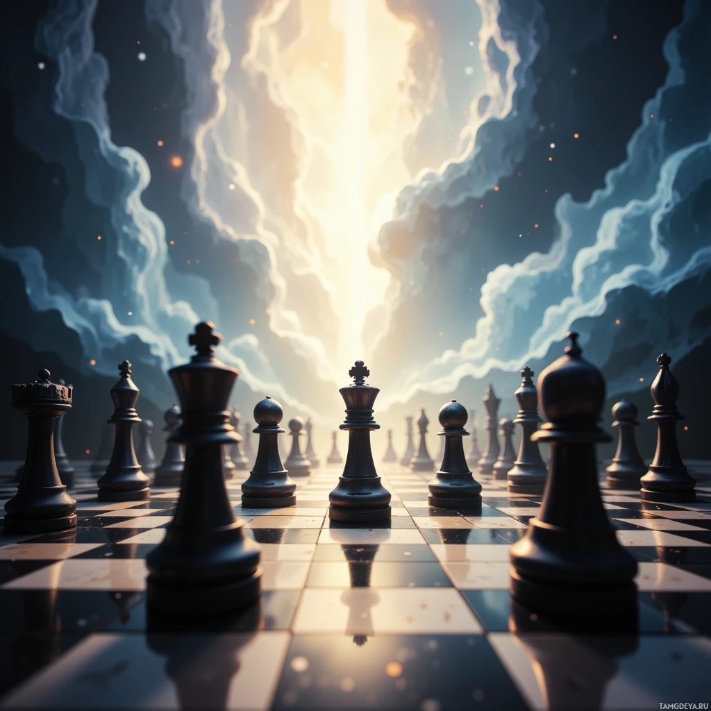 A chessboard with black pieces arranged in a line, set against a dramatic sky with swirling clouds and a bright light source.