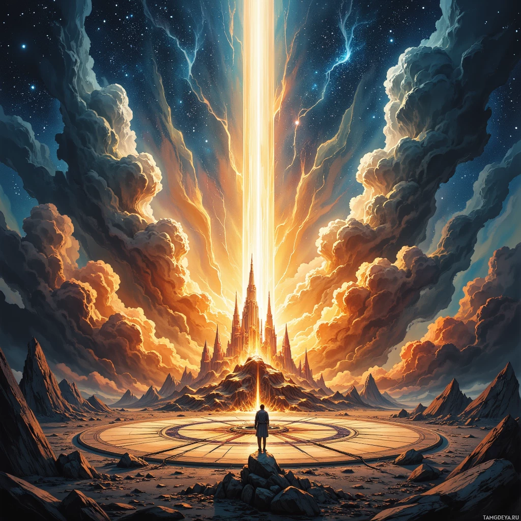 A lone figure stands before a glowing portal leading to a majestic, ethereal castle amidst a dramatic sky.