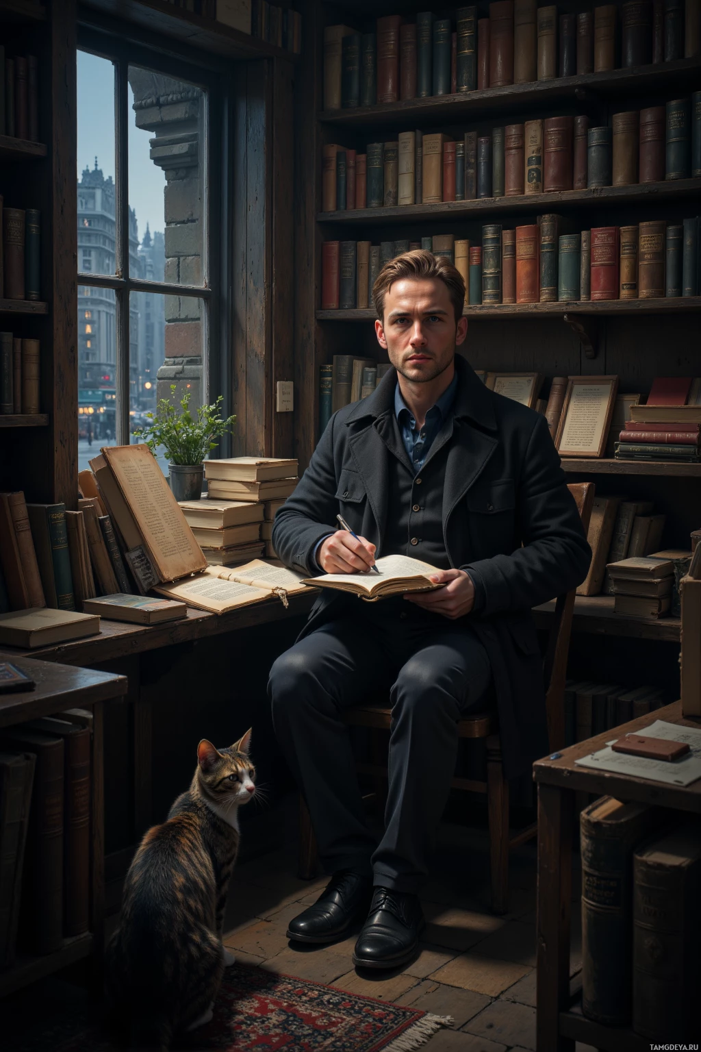 A man sits in a library, writing in a book, with a cat sitting beside him.