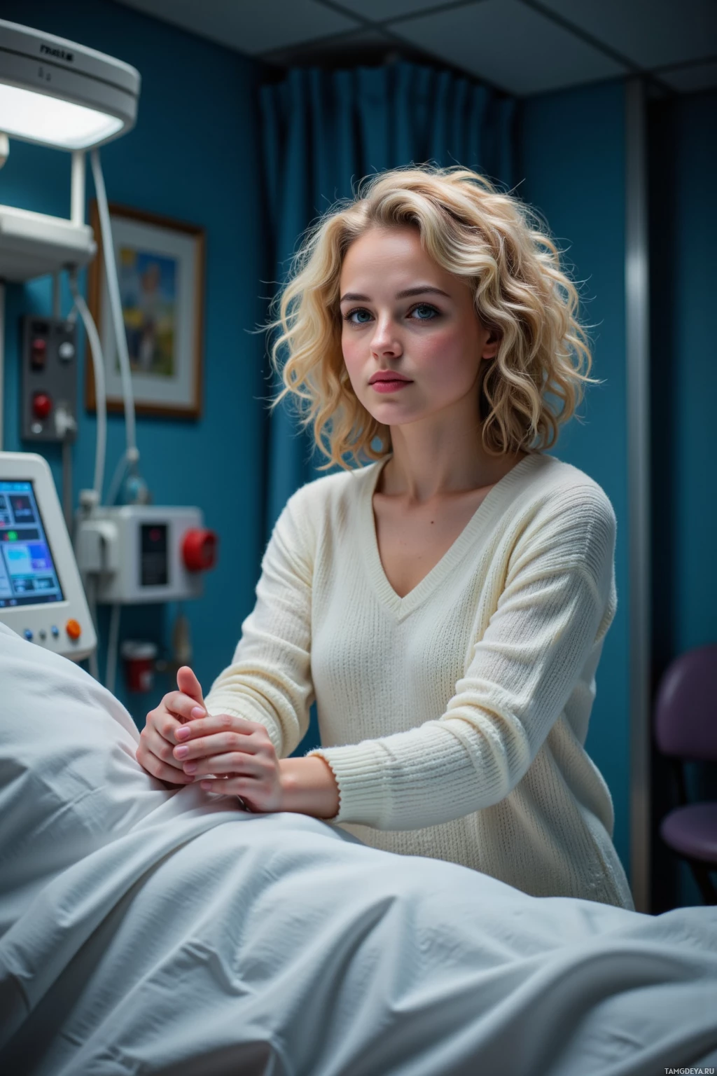 A woman in a hospital room sits beside a patient, holding hands.