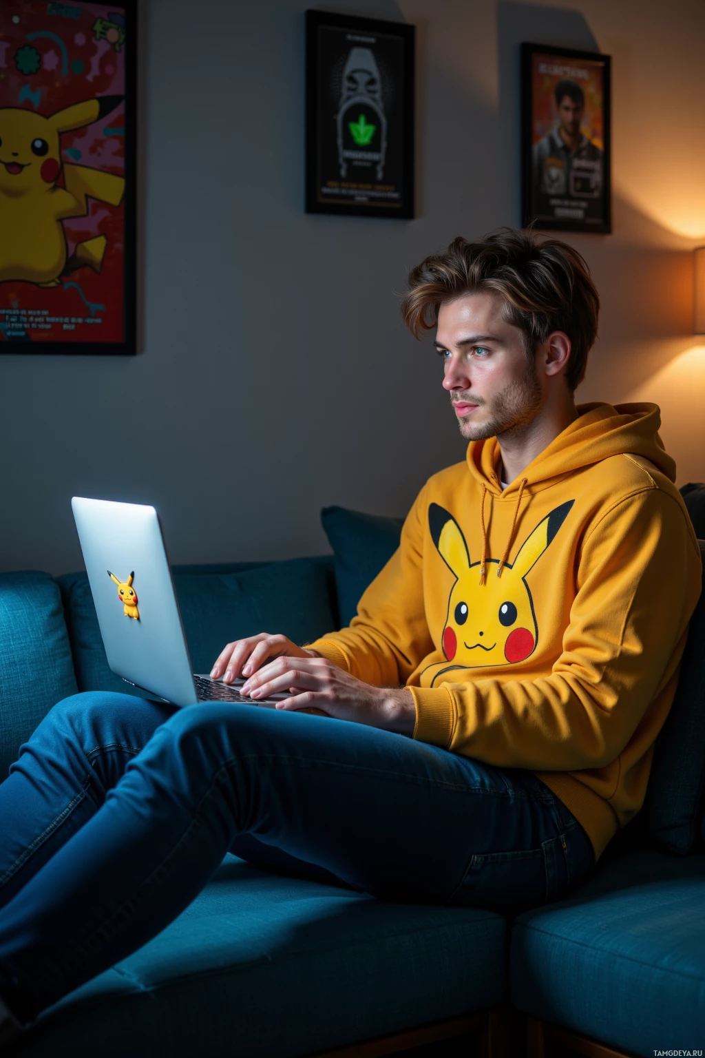 A person wearing a Pikachu hoodie sits on a couch, using a laptop.