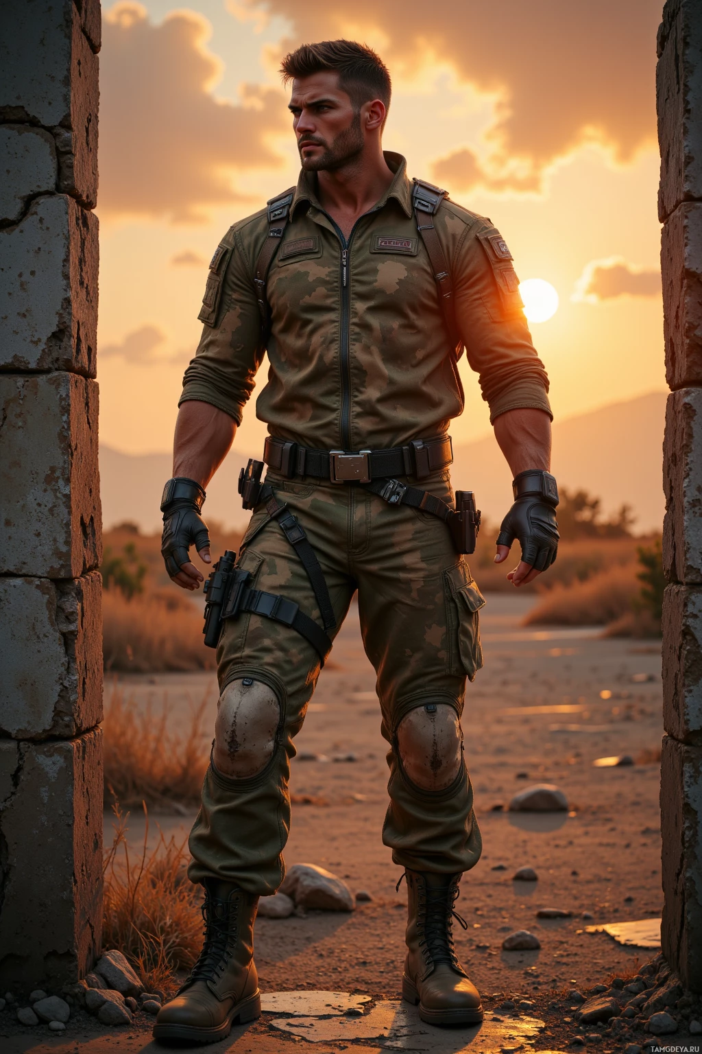 A soldier in camouflage attire stands in a desert landscape at sunset.