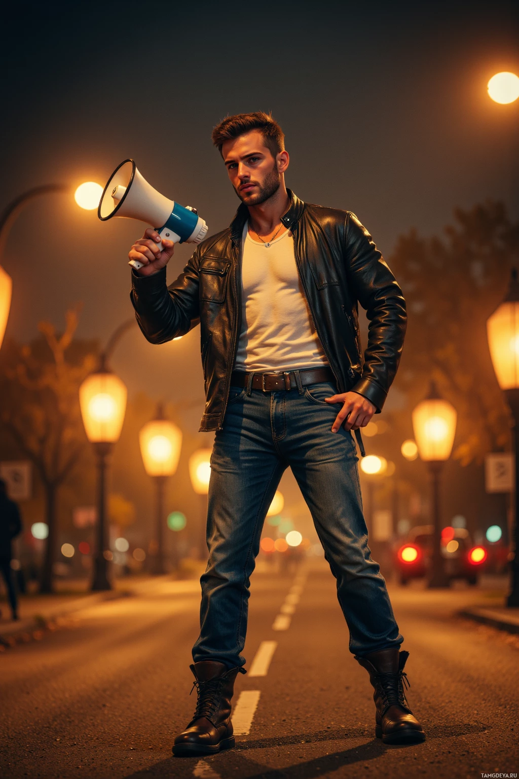A man stands on a street at night, holding a megaphone and wearing a leather jacket and jeans.
