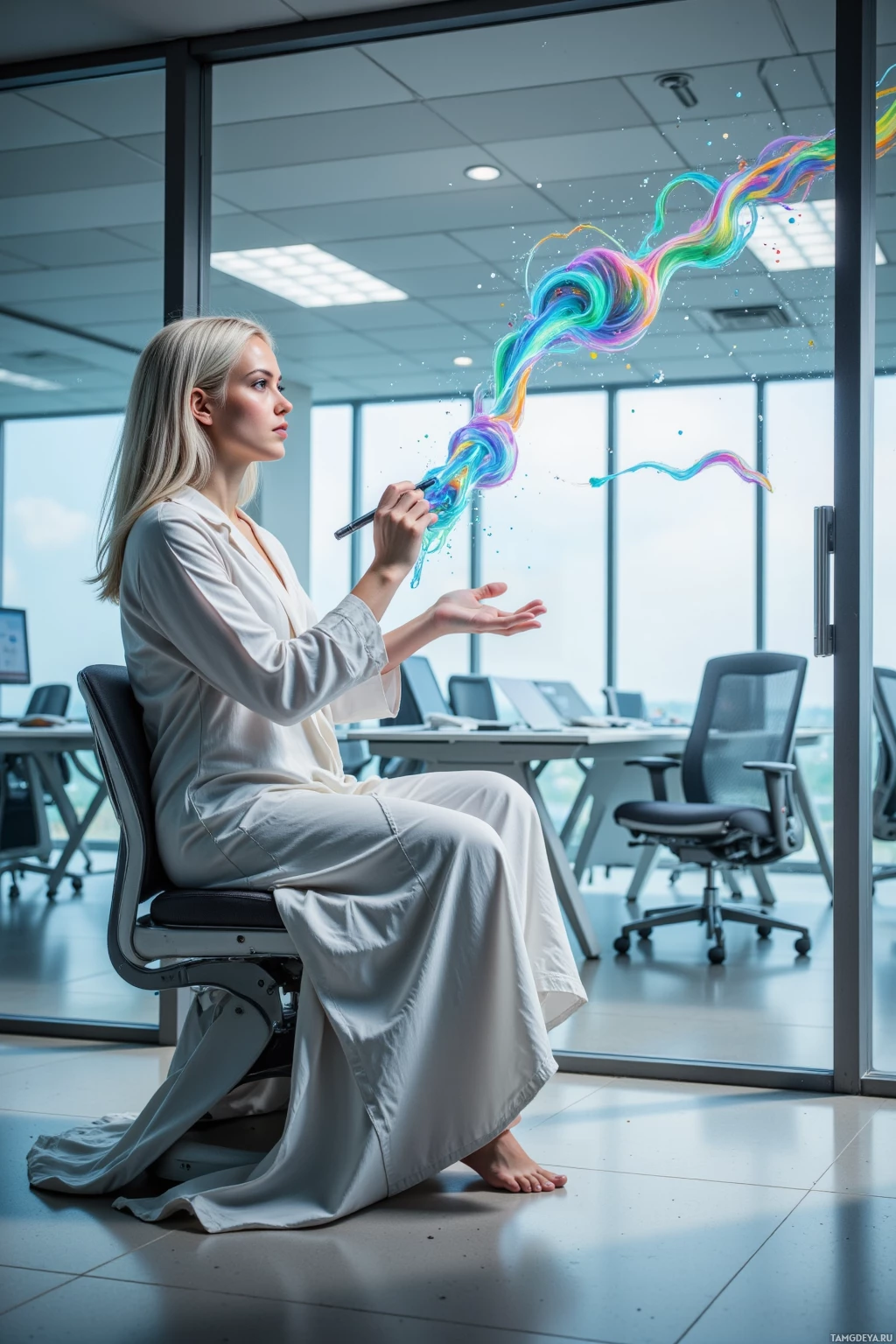 A woman in a white outfit sits in an office, holding a pen with colorful, swirling lines emanating from it.