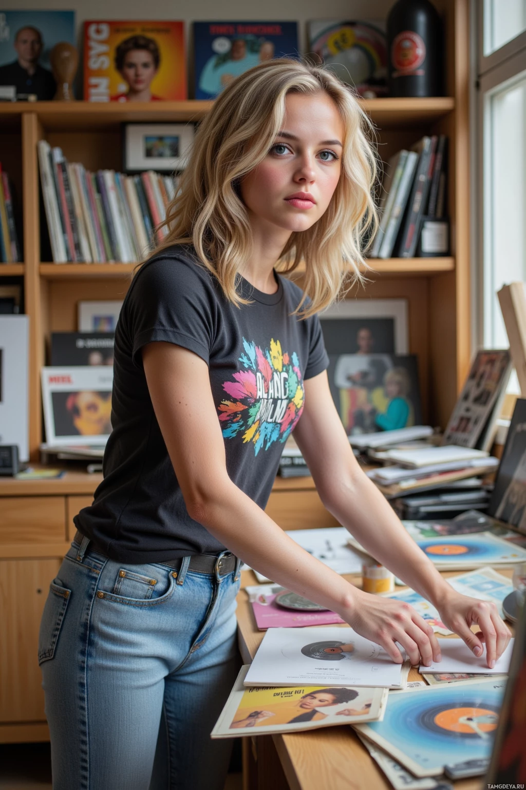 A person wearing a graphic t-shirt and jeans stands in a room with shelves of books and records.