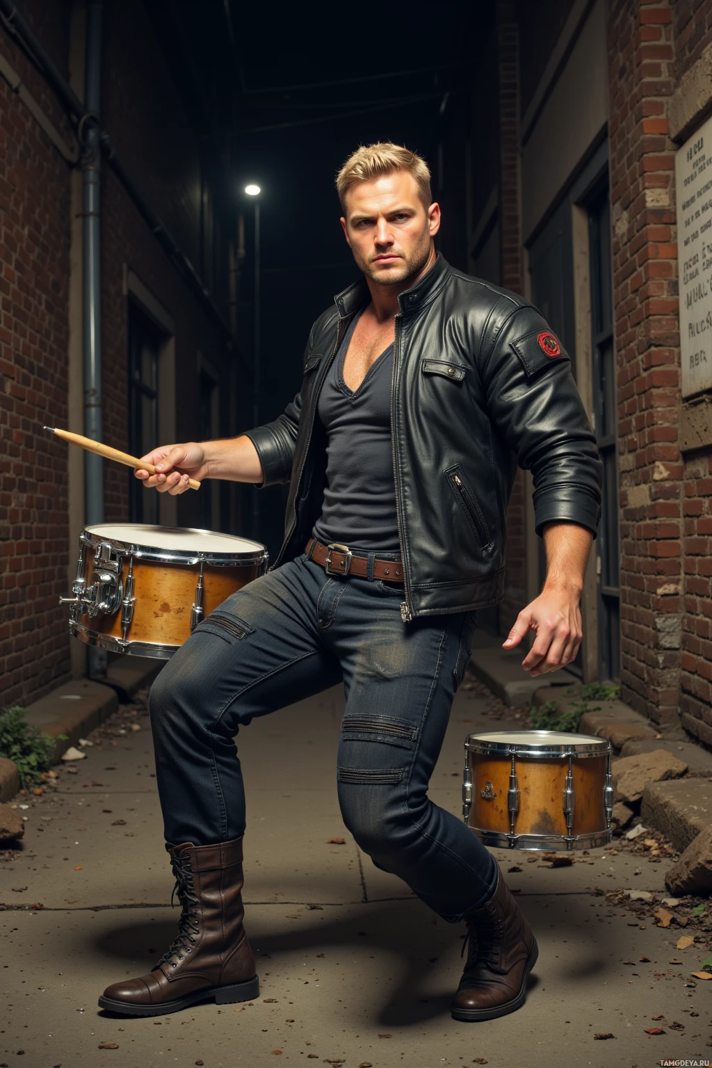 A man in a leather jacket and jeans poses with drumsticks and a snare drum in an alleyway.