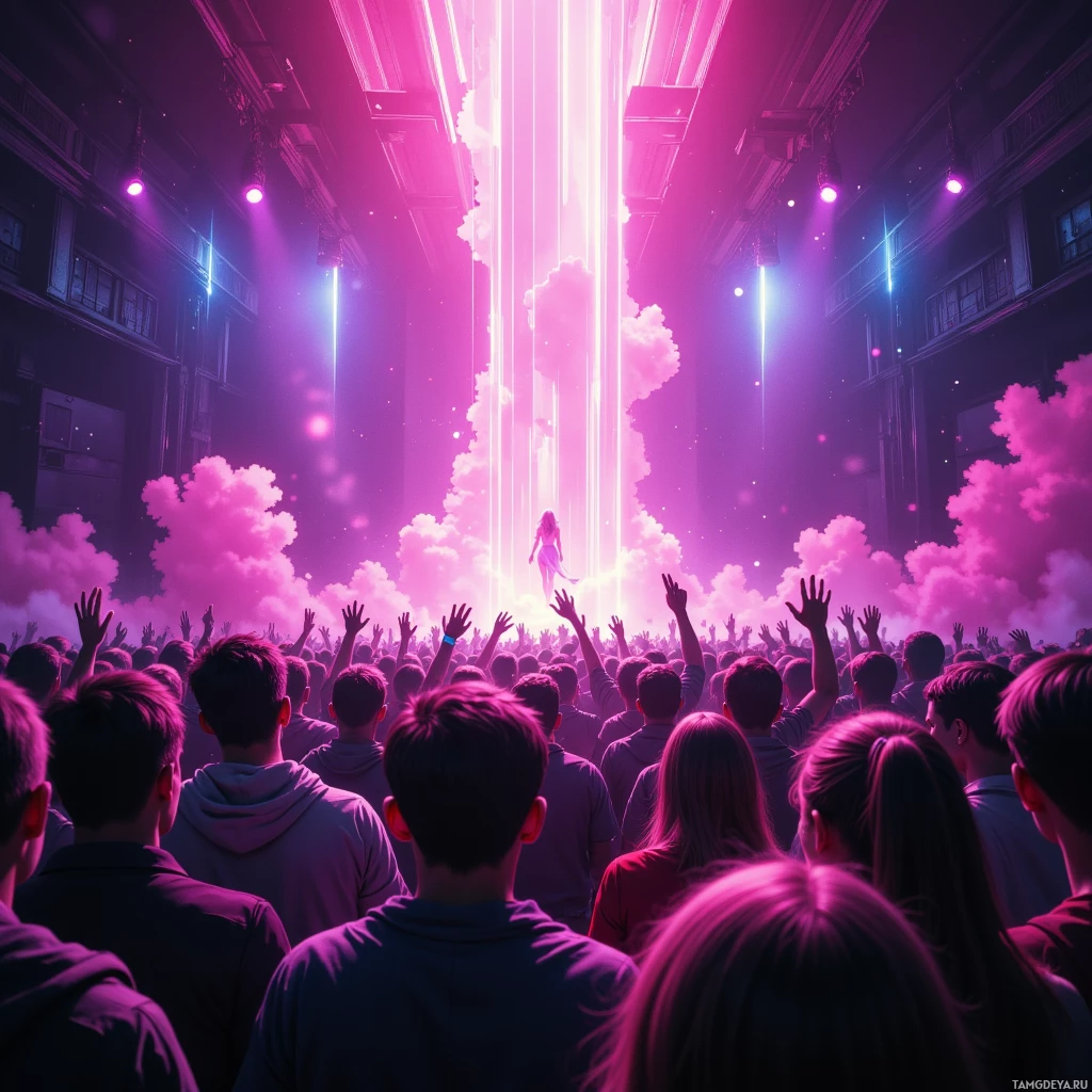 A vibrant crowd with raised hands in a concert setting under bright pink and purple lighting.