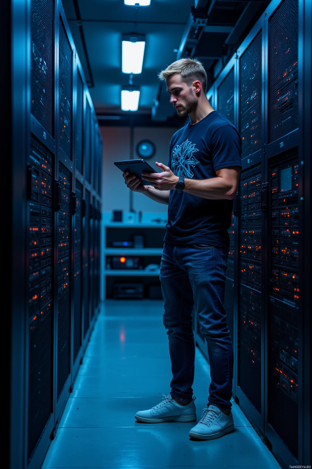 A man in a server room uses a tablet while standing between rows of server racks.