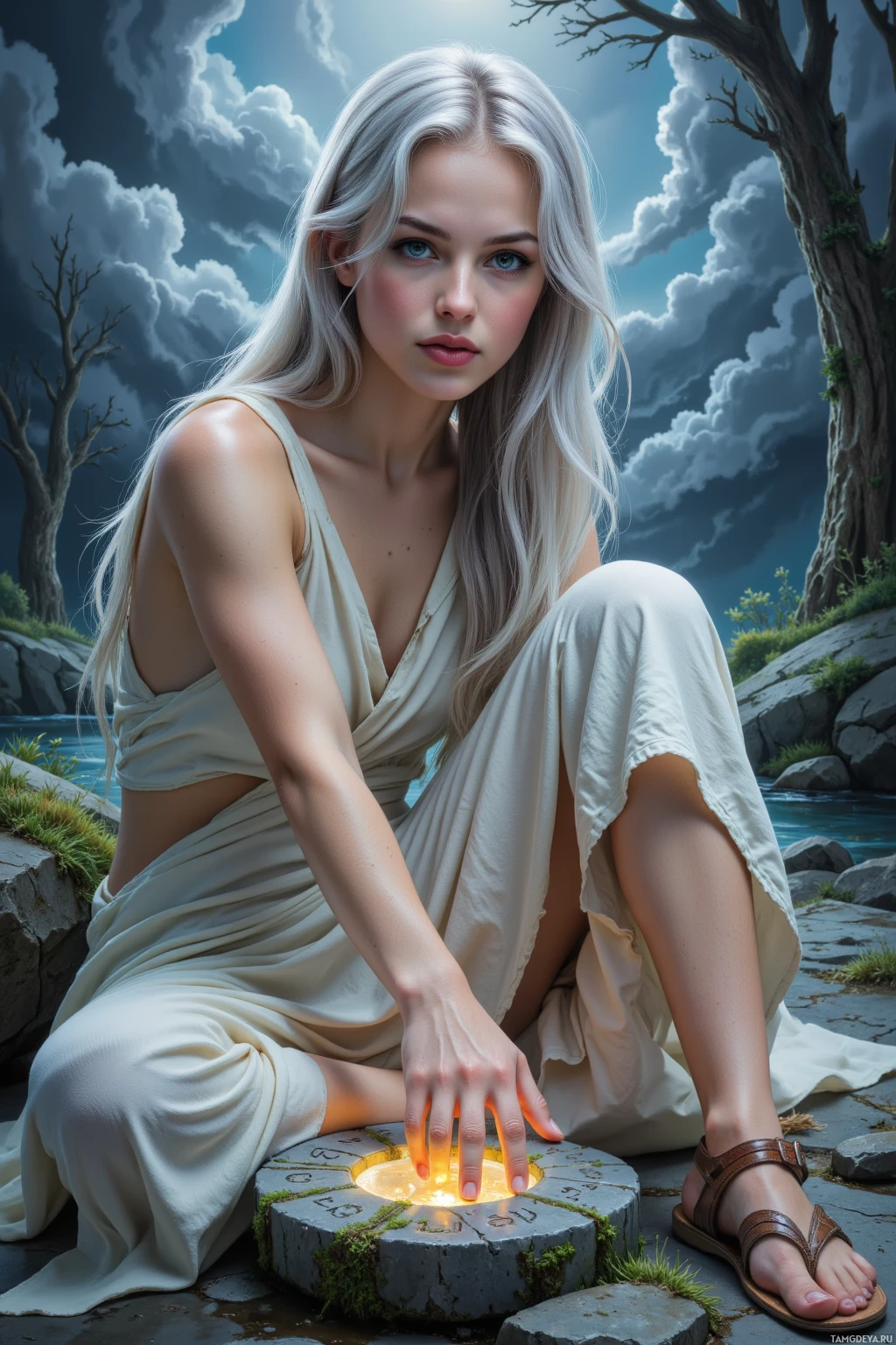 A woman in a flowing white dress sits beside a glowing stone circle in a serene, natural setting.