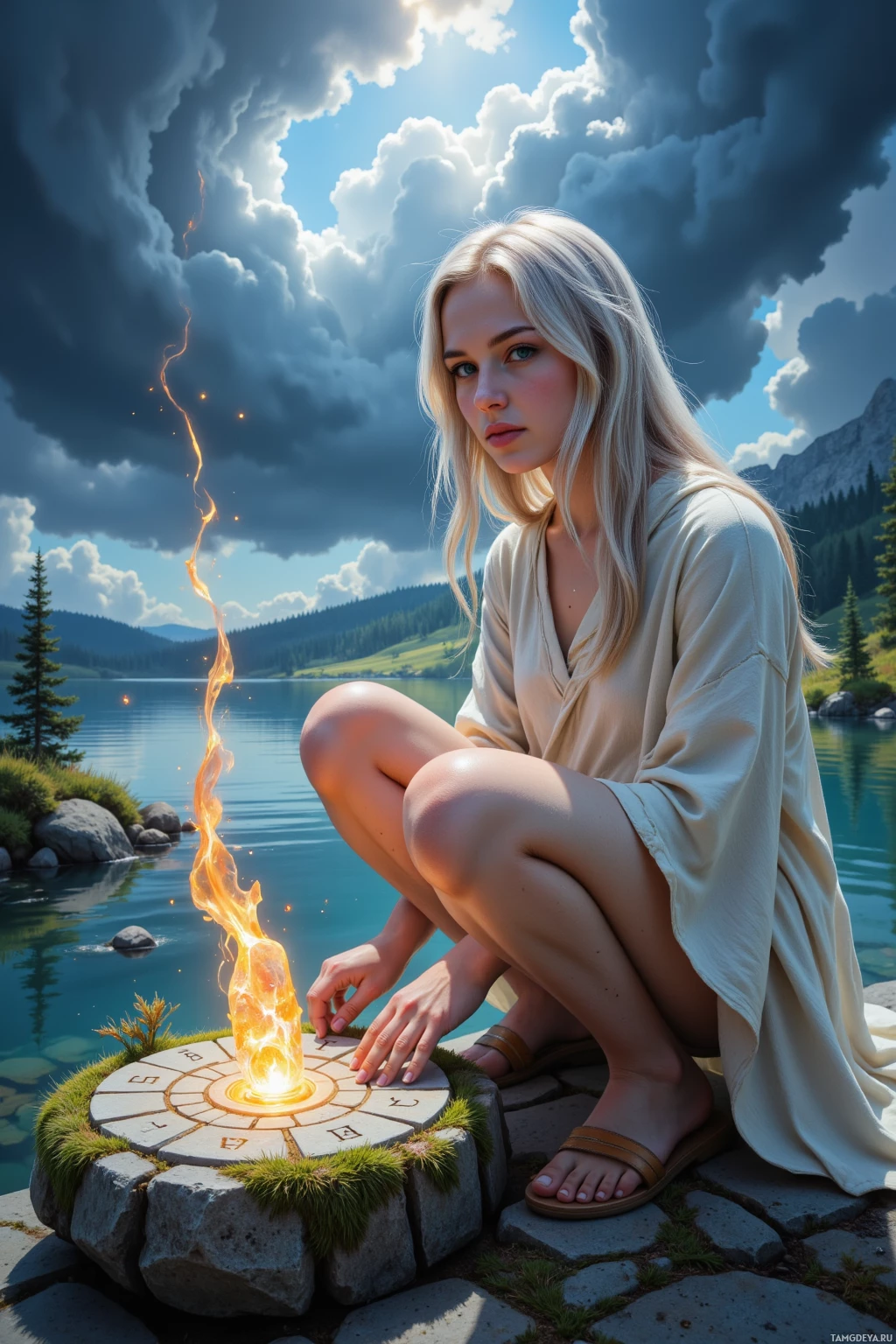 A woman in a light robe crouches beside a glowing stone circle by a serene lake under a dramatic sky.