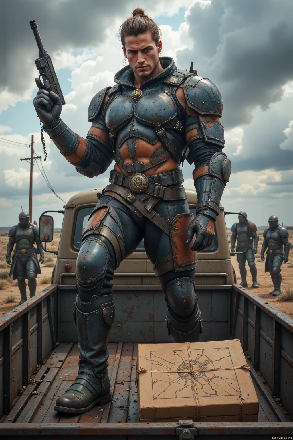 A muscular man in futuristic armor stands in the back of a truck, holding a weapon.