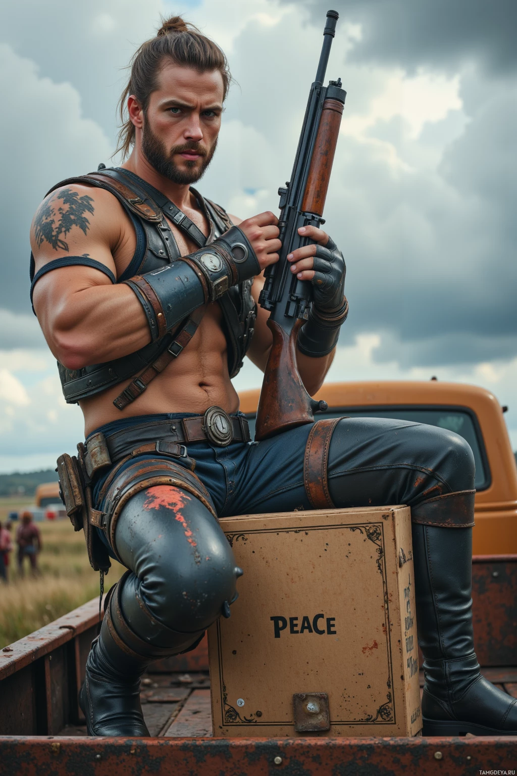 A muscular man in rugged attire holds a rifle, sitting on a box labeled "PEACE" in the back of a truck.